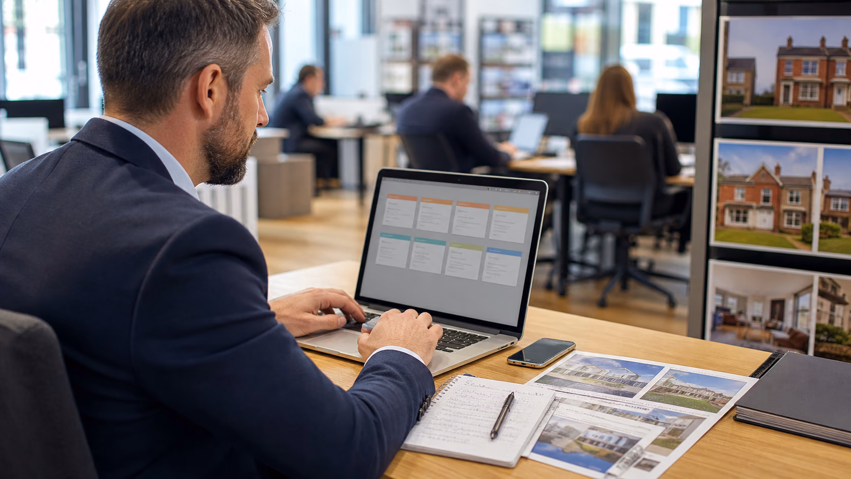A real estate branch manager reviewing overdue client promise cards on a laptop beside printed property notes and a phone in a busy office