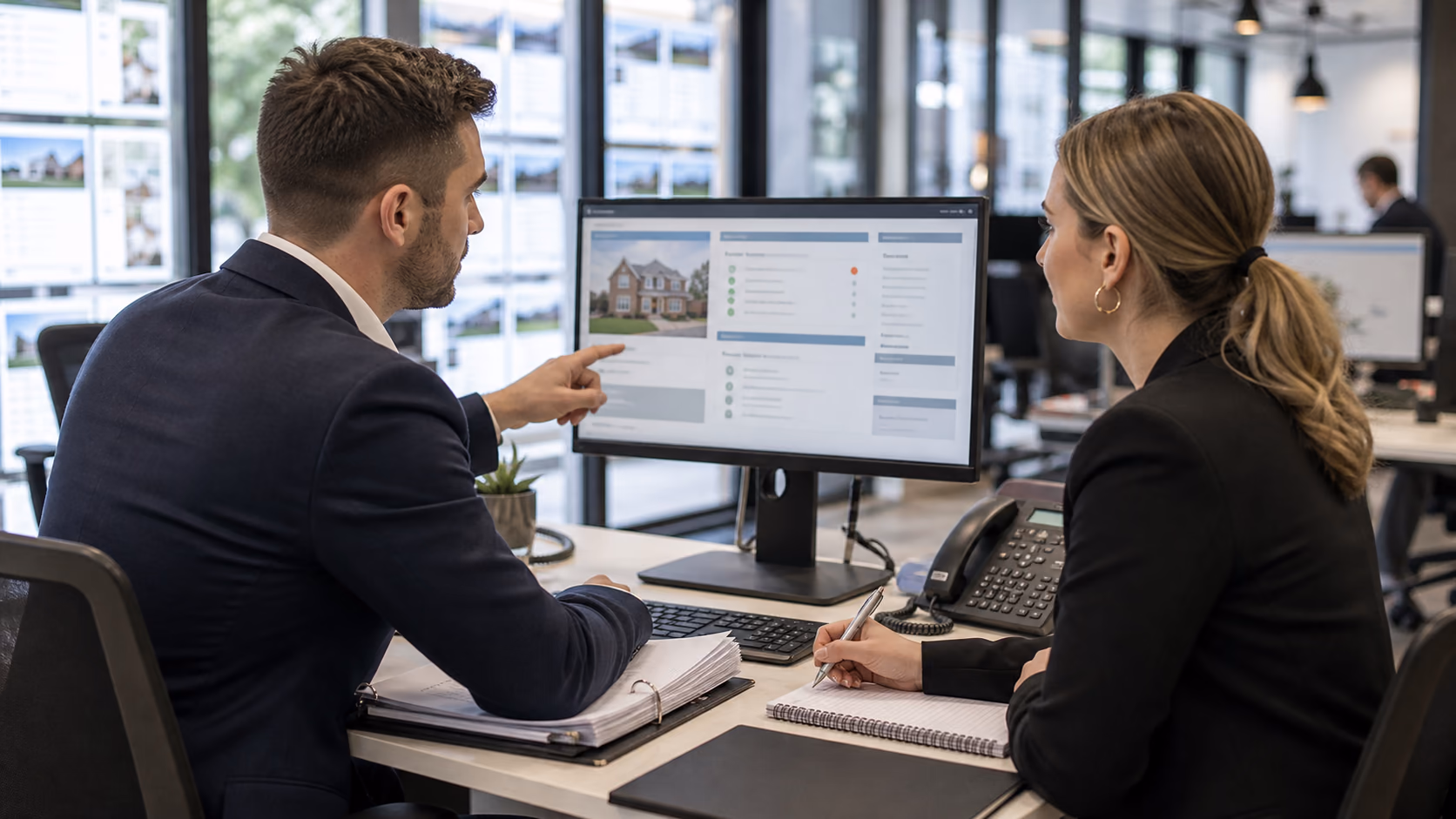 Two estate agents handing over a client callback with property details, last contact notes, and next action visible on a shared screen