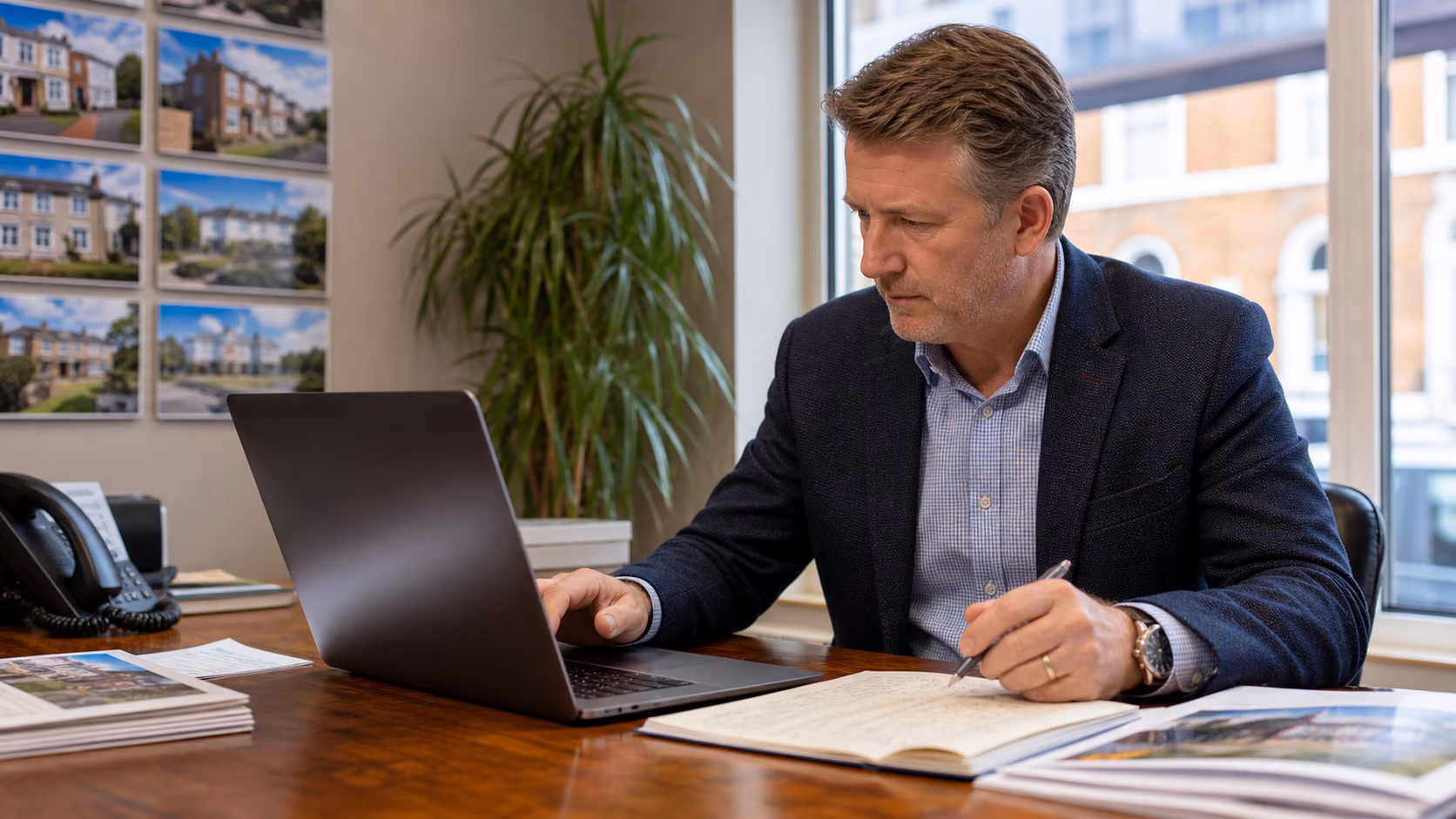An estate agency principal reviewing a laptop folder list beside printed property files and handwritten notes in a quiet branch office