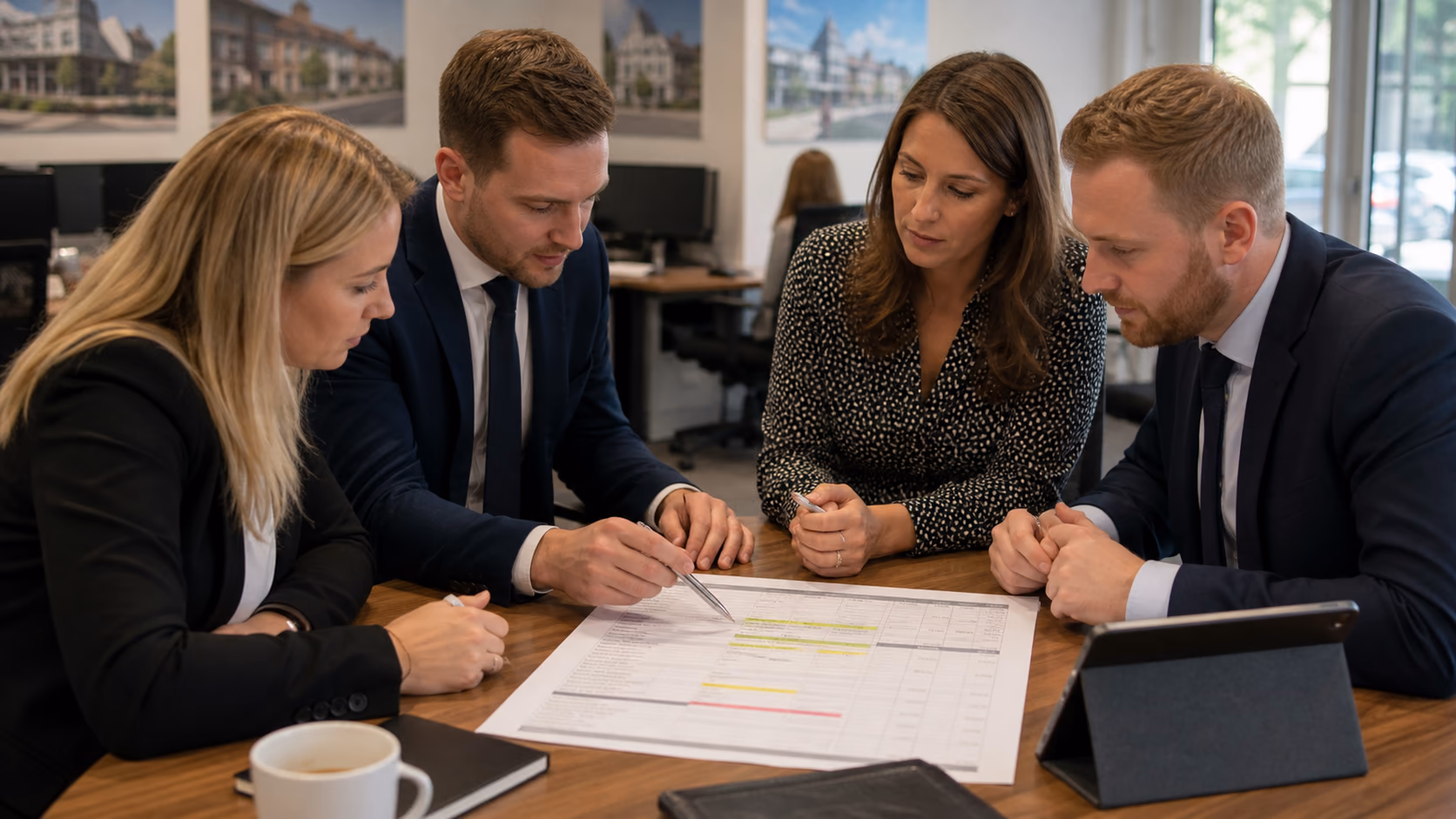A branch team marking an exposure audit table with columns for document, live matter, owner, risk, and deadline