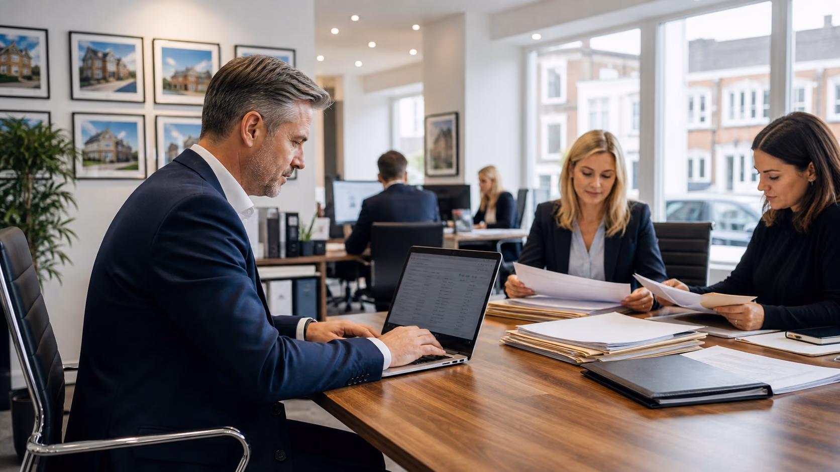 A principal assigning document cleanup tasks to active property records on a laptop while agents review files nearby
