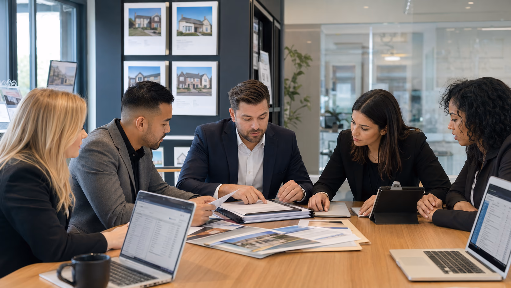 A real estate team reviewing property files, signed forms, viewing notes, and client emails around a meeting table in a modern office