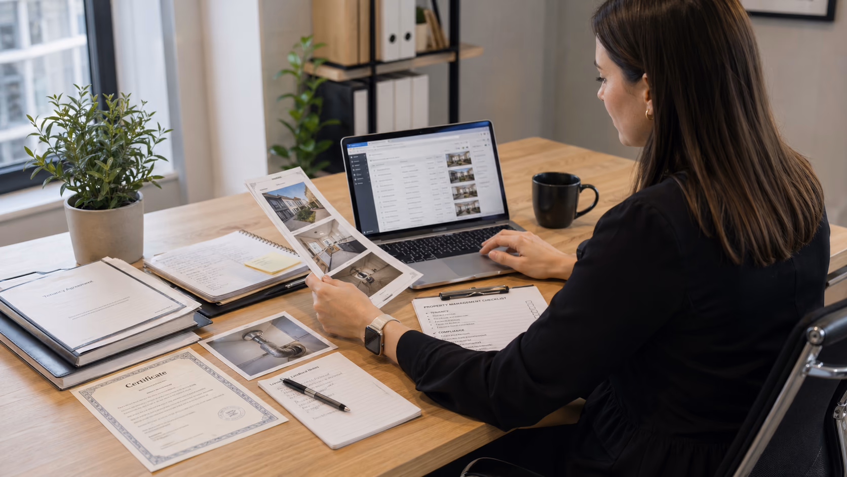 A property manager sorting tenancy documents, maintenance photos, certificates, and landlord notes on a laptop beside a printed checklist