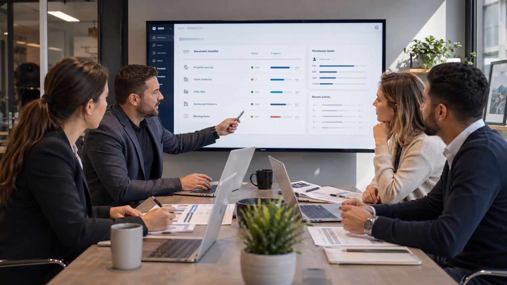 A brokerage manager reviewing a structured document checklist with agents, showing property records, client evidence, offer files, and access permissions on screen