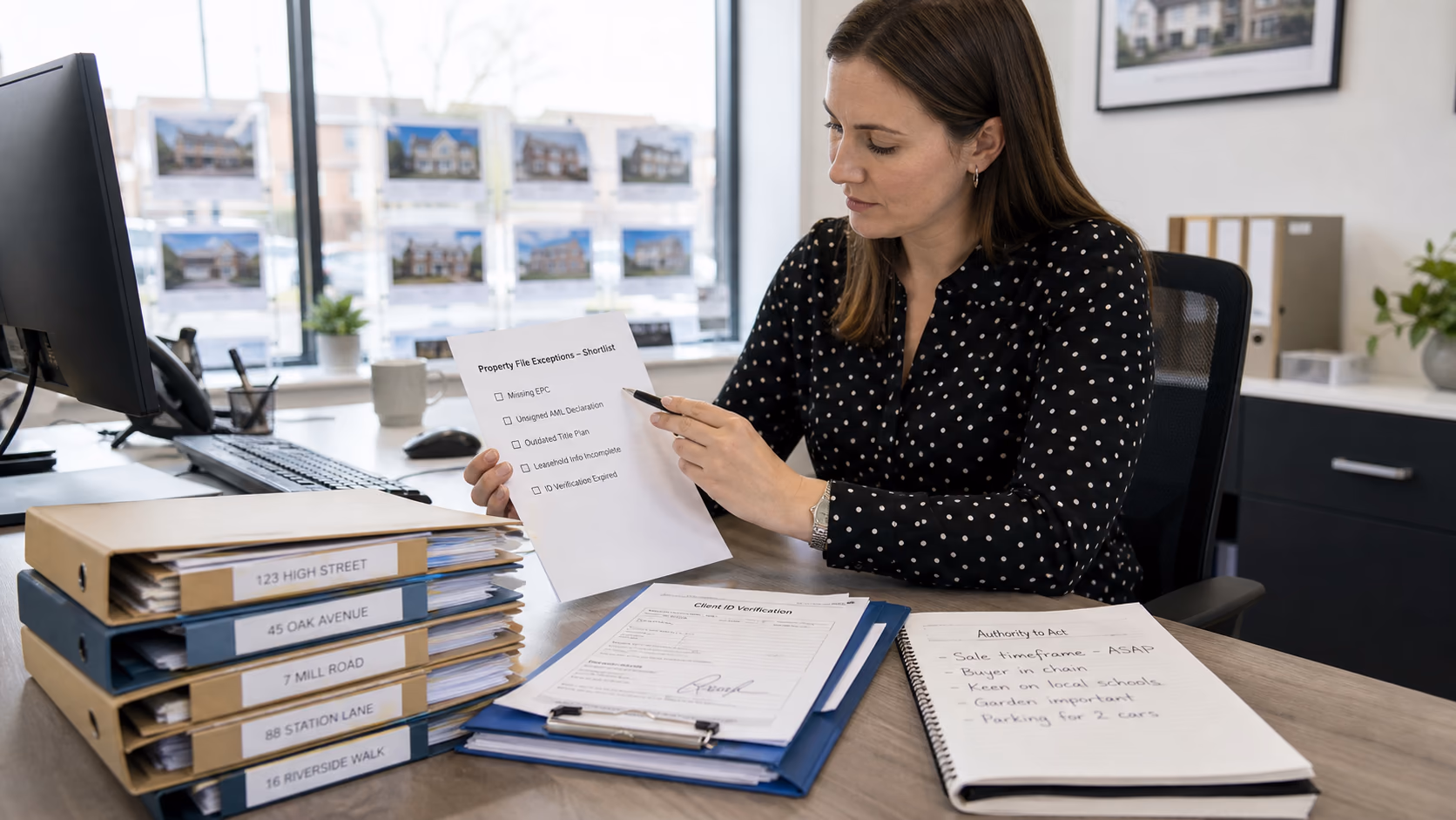 An estate agency administrator reviewing a short list of property-file exceptions beside folders, signed forms, and client notes on a tidy office desk