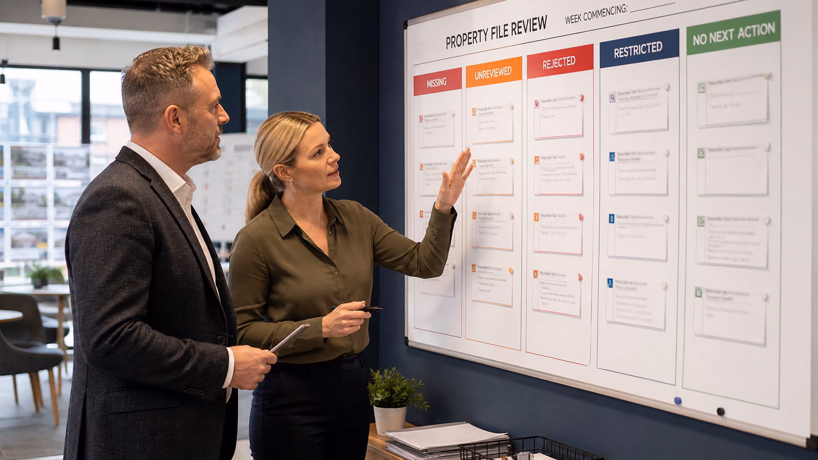 A branch manager and administrator looking at a property file review board with columns for missing, unreviewed, rejected, restricted, and no next action