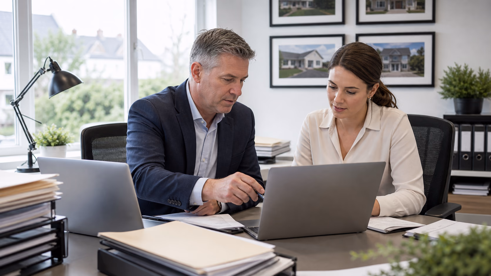 A principal auctioneer and administrator checking an audit-ready property matter with task status, document folders, and client correspondence visible on laptops