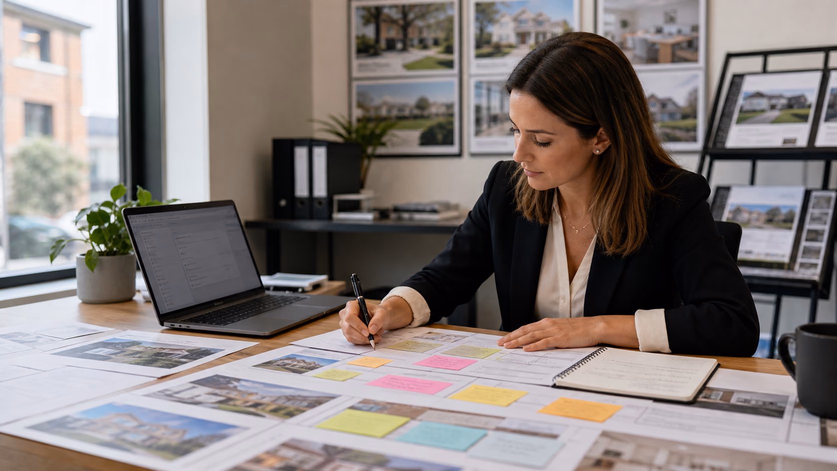 A real estate agent mapping enquiries, listings, viewing notes, and follow-up actions on a large desk with a laptop and printed property sheets