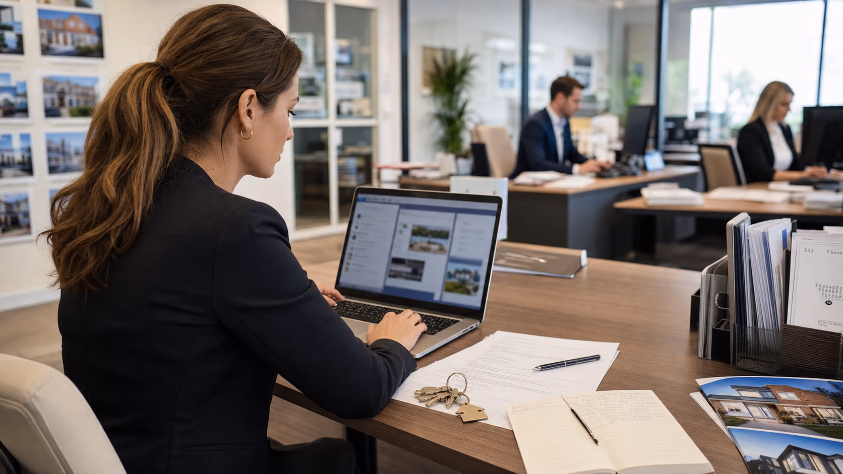 A real estate agent searching across client records, viewing notes, property keys, and offer paperwork on a laptop in a busy agency office