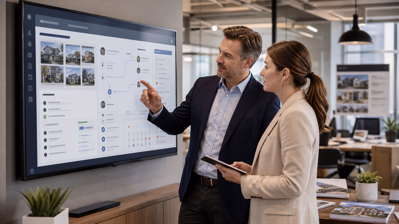 A brokerage manager and agent reviewing connected search results across listings, contacts, offers, and follow-up tasks on a shared office screen