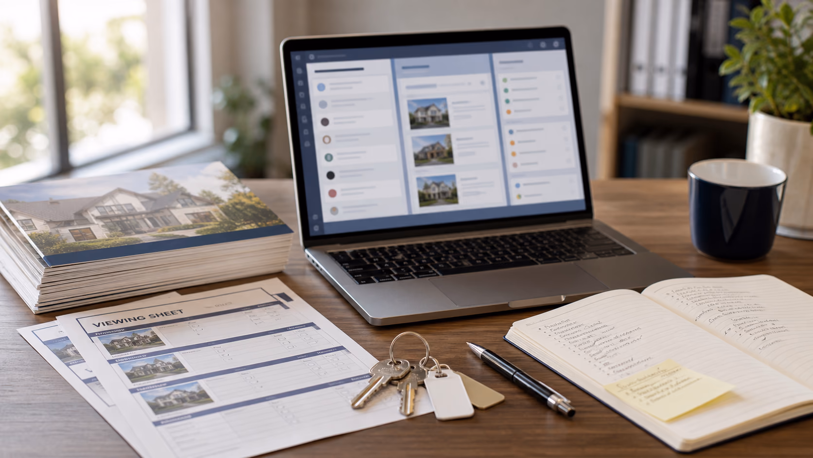 A close-up of a real estate office desk with printed viewing sheets, a laptop showing filtered work queues, client notes, and property keys arranged for handoff