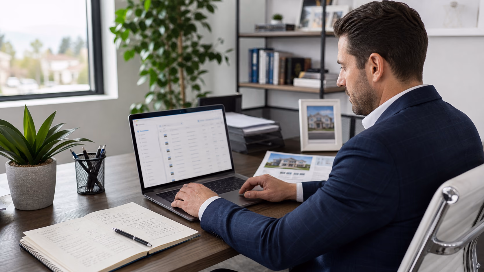 A REALTOR reviewing contact records on a laptop with handwritten showing notes, a phone, and a printed listing sheet on a tidy desk