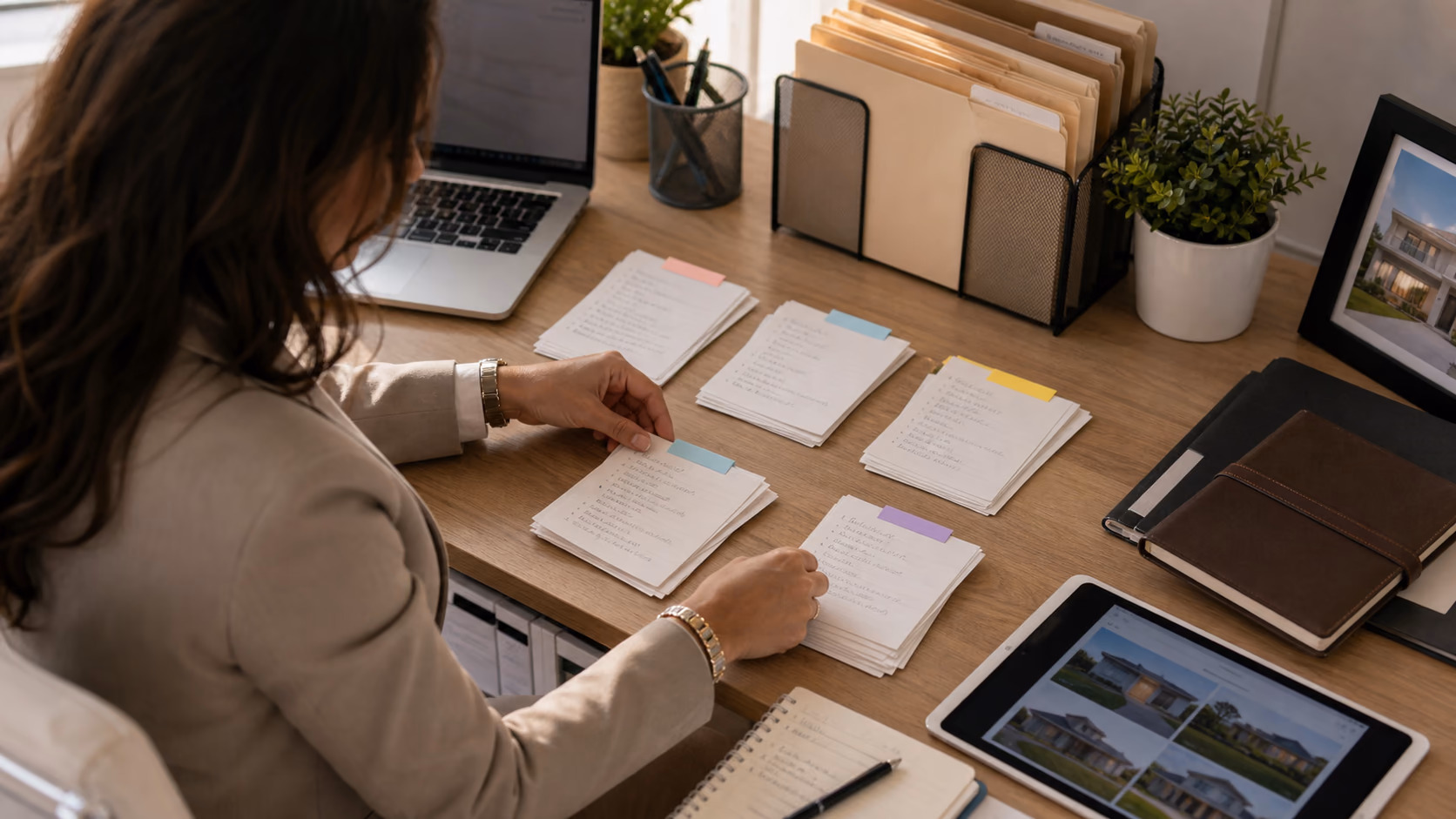 A real estate agent sorting client permission notes into marketing, transaction update, property alert, and no marketing categories on a desk