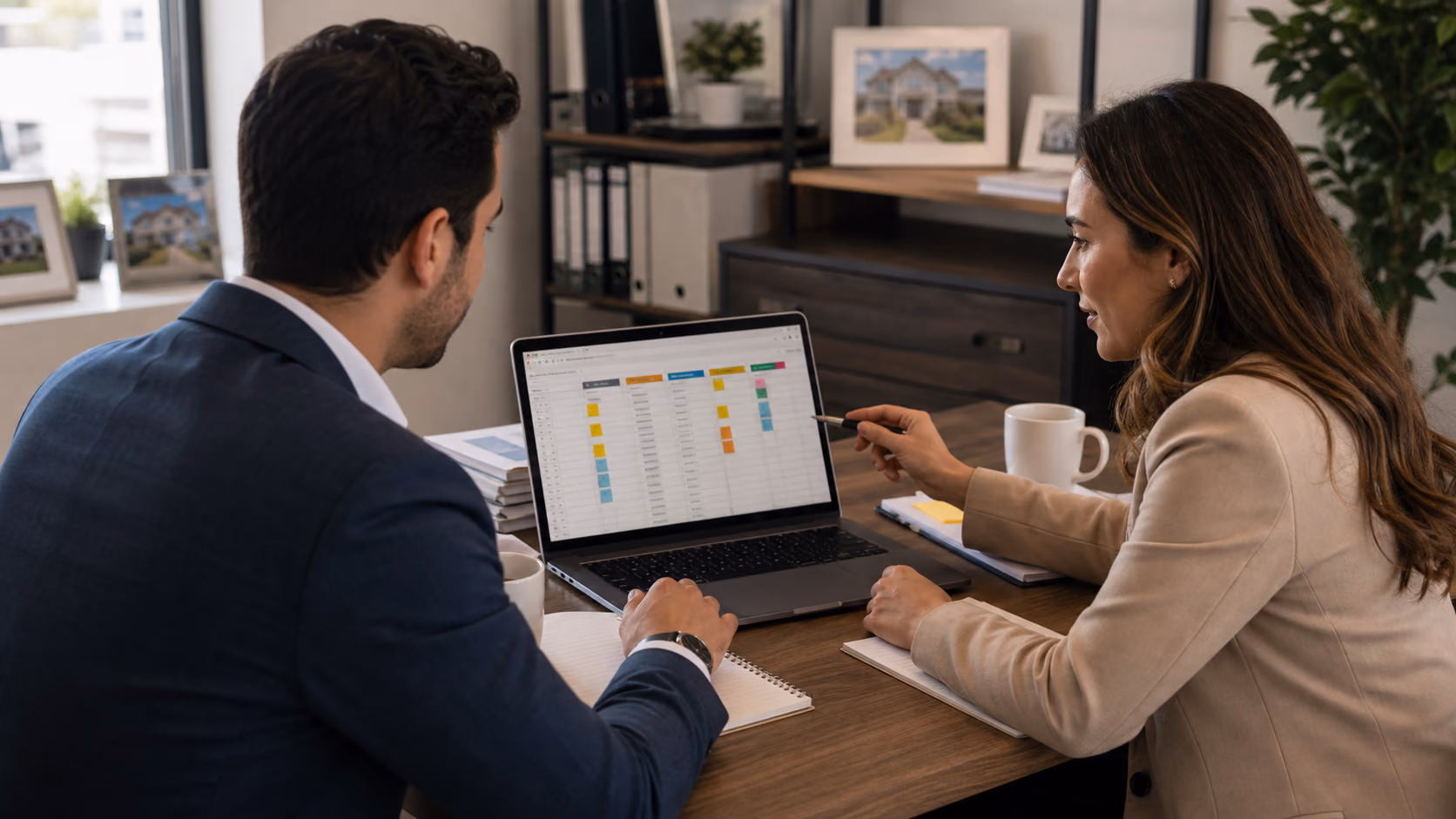 Two REALTORS reviewing a shared contact cleanup list in a small office, with columns for permission, intent, property fit, and next action