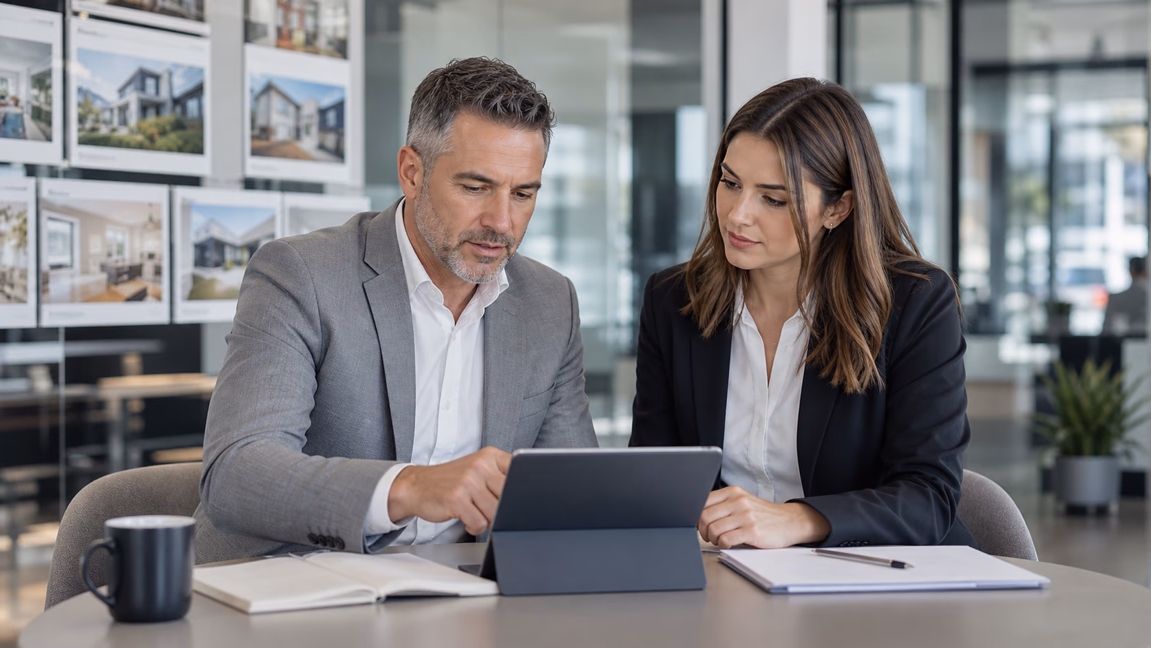 A real estate principal and agent reviewing client notes, viewing feedback, and open offers together at a small meeting table