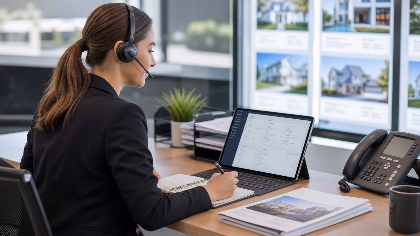An estate agent adding buyer readiness, budget range, property preferences, and next action notes after a phone call