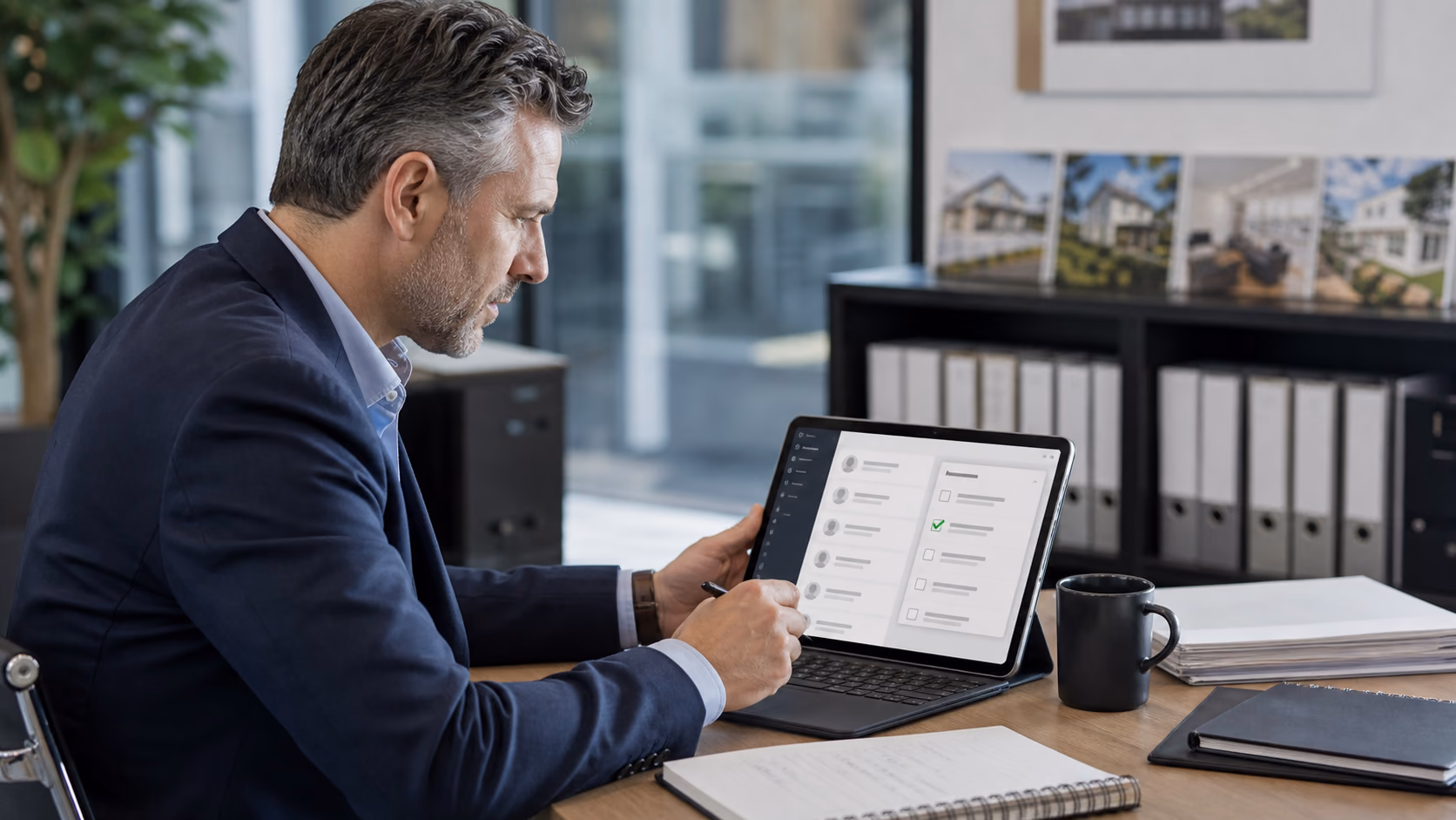 A branch manager marking one weekly coaching action beside a short list of active client records and property files
