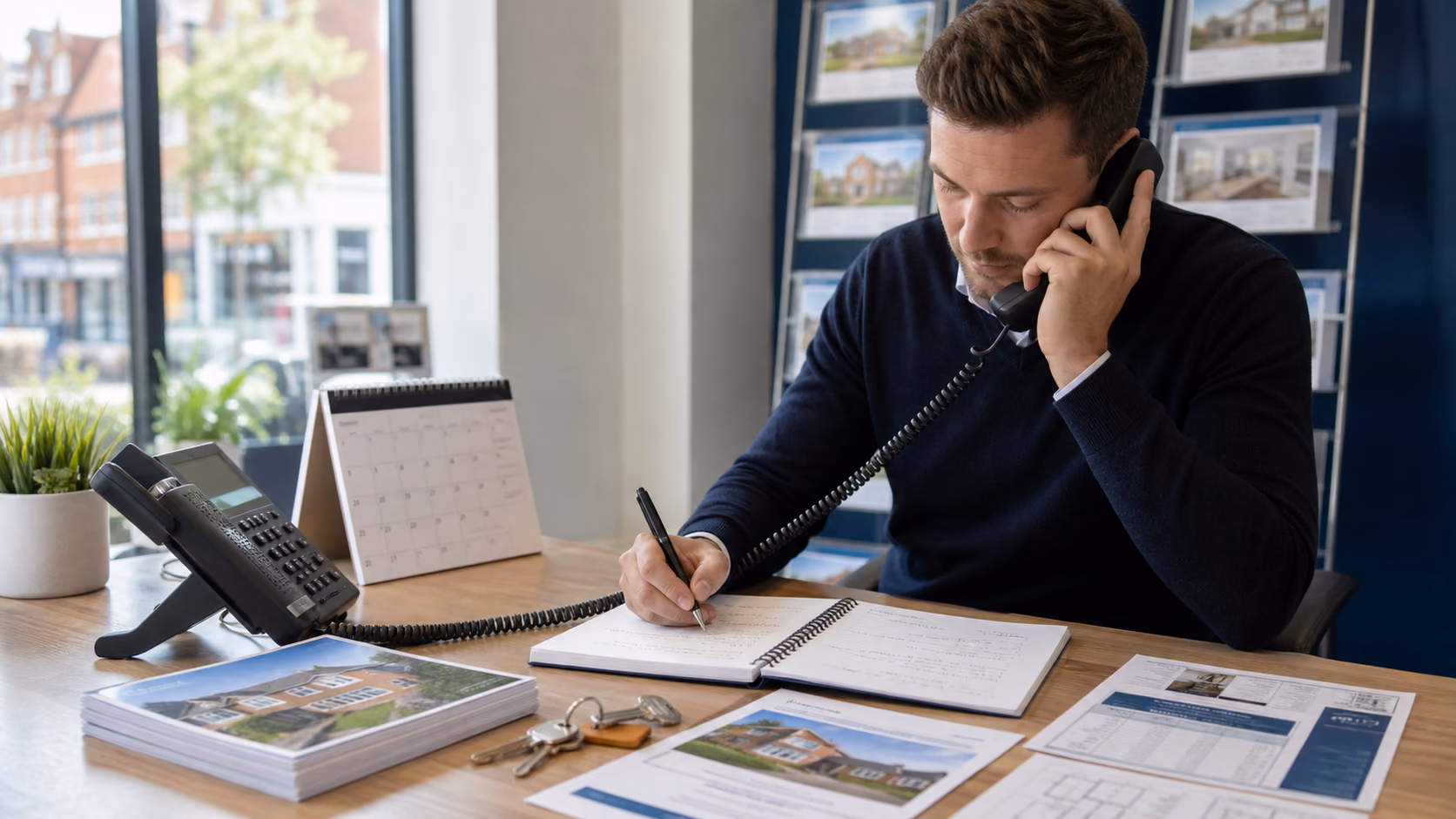An estate agent taking notes during a first seller call with a property address, access window, owner details, timing notes, and valuation prep tasks visible on a desk