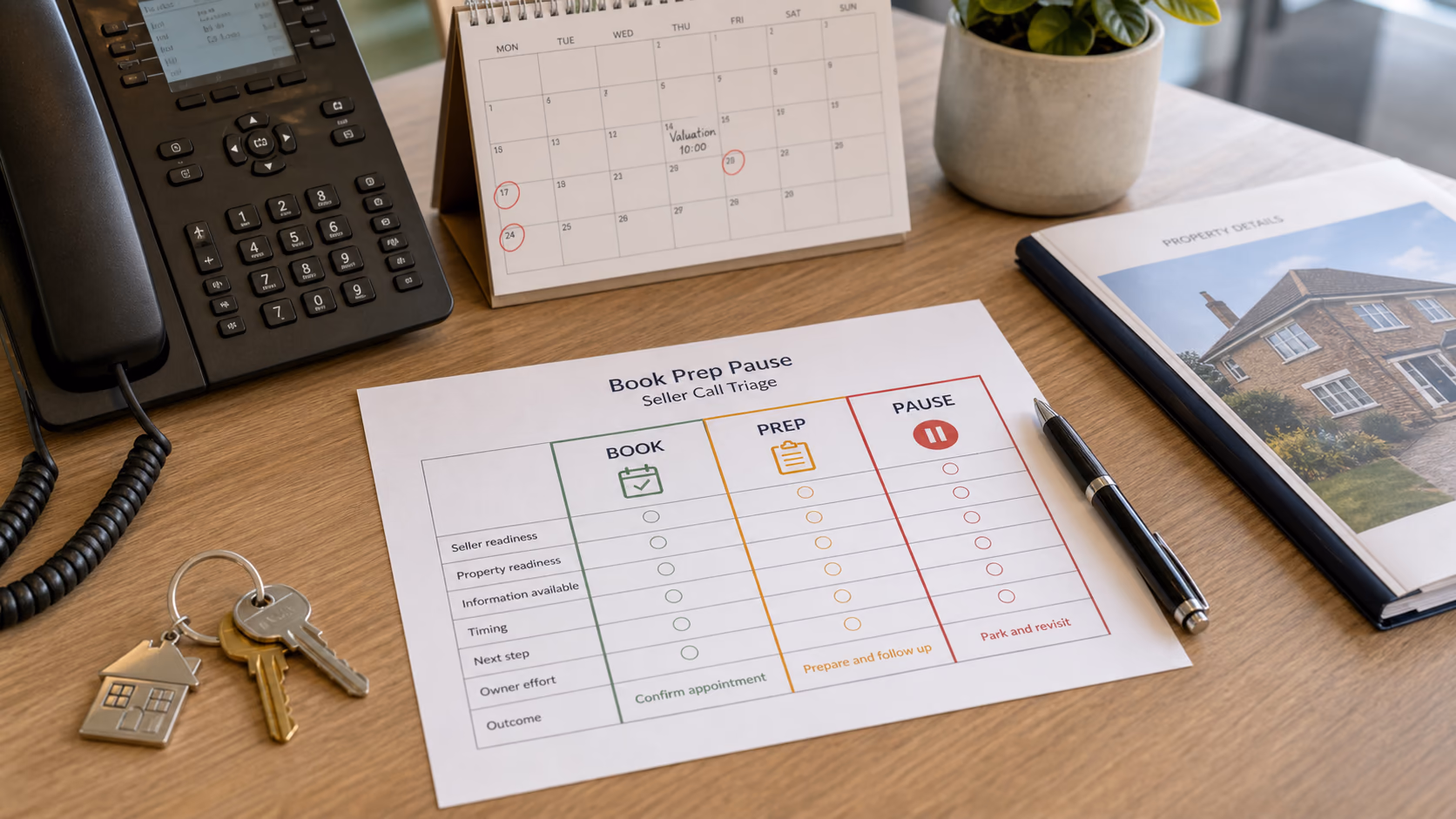 A printed Book Prep Pause triage table beside a phone, calendar, and property keys on an estate agency desk before a valuation appointment