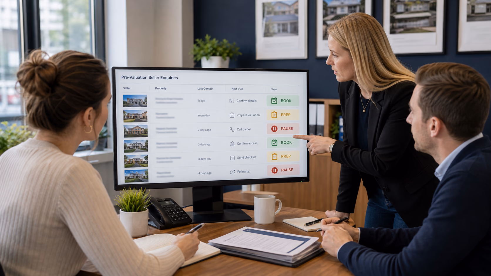 A small estate agency team reviewing pre-valuation seller records on a shared screen with Book Prep and Pause states marked beside each enquiry