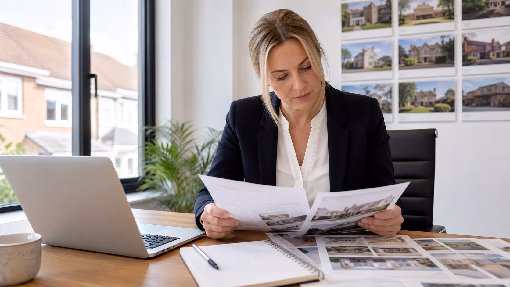 A real estate agent comparing several printed property offers at a desk with a laptop and notepad, natural light, modern office setting