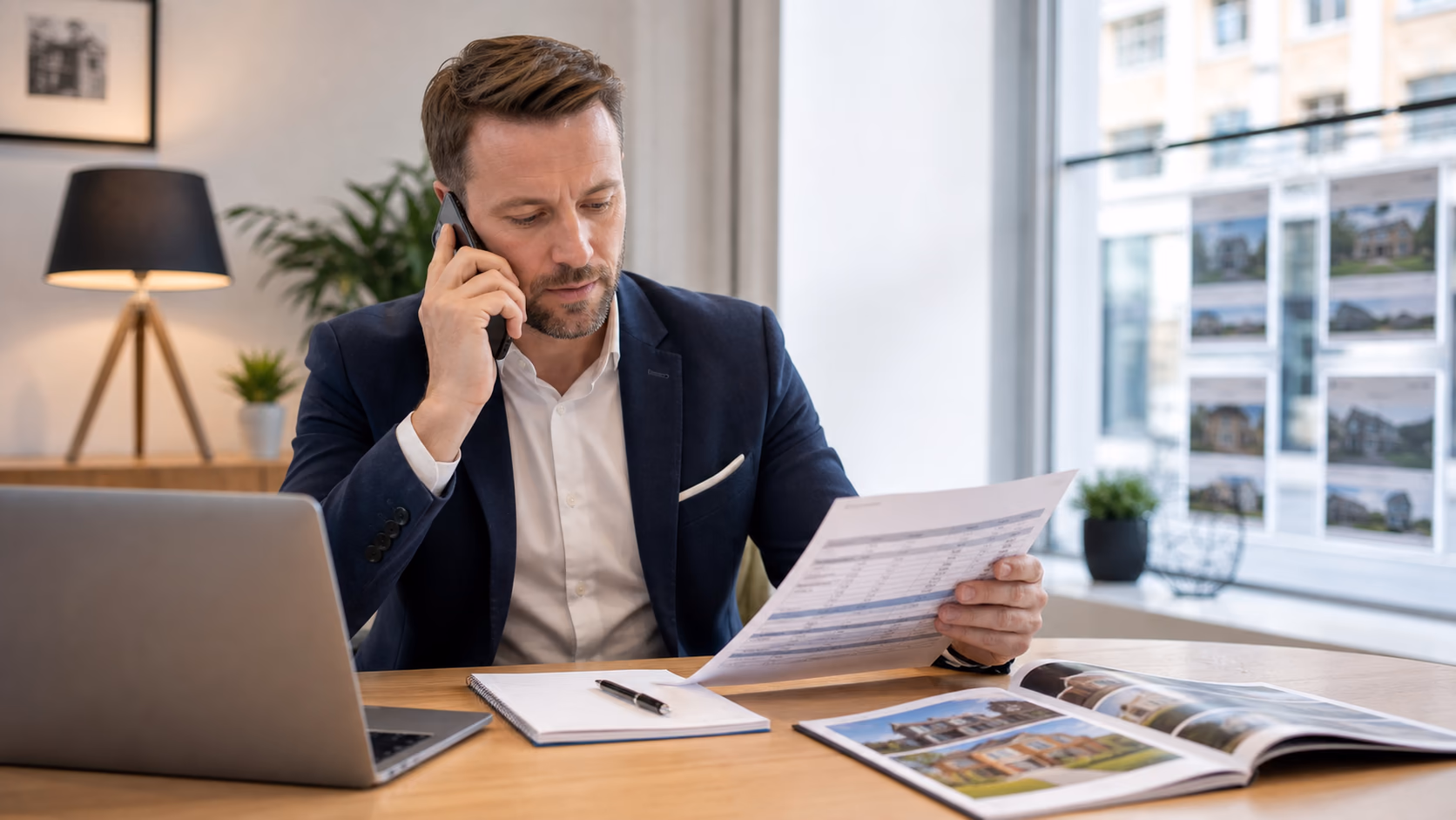 An estate agent on a phone call with a seller while reviewing a structured offer comparison on paper beside a property brochure