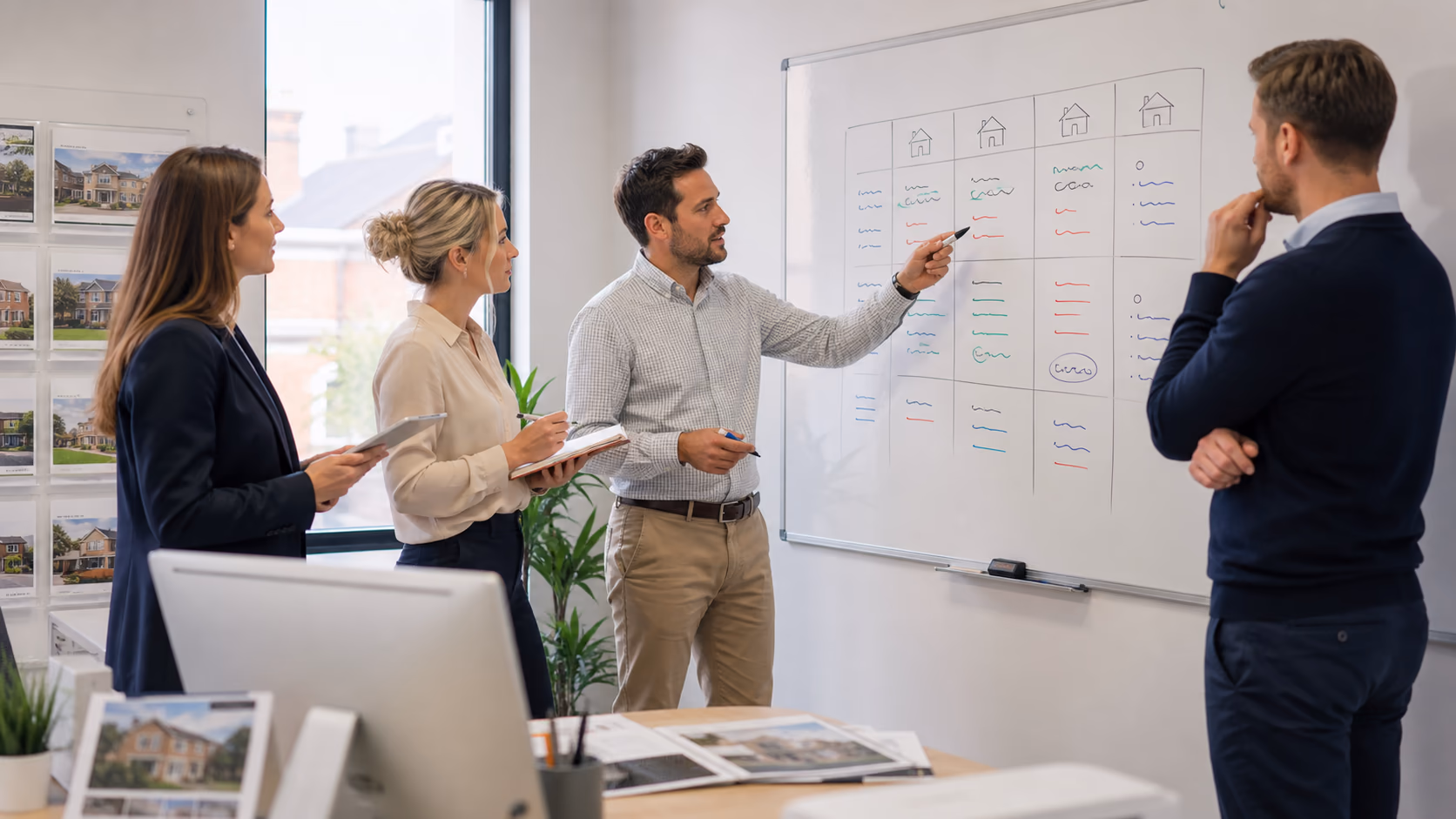 A small real estate team reviewing a whiteboard with offer amounts, buyer positions, and follow-up actions in a bright office