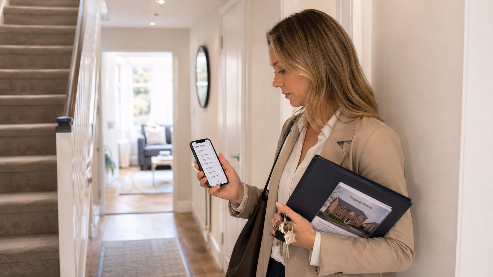 A real estate agent standing in a bright property hallway checking a contextual task list on a phone before a viewing