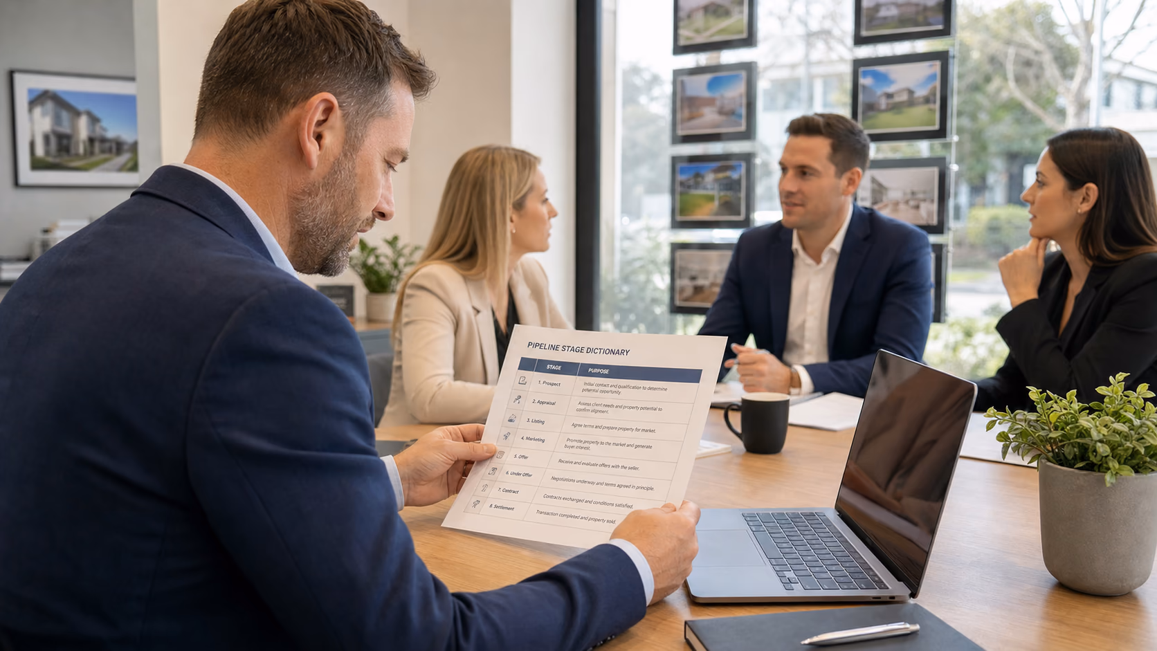 A real estate branch manager reviewing a printed pipeline stage dictionary beside a laptop and a small team meeting table