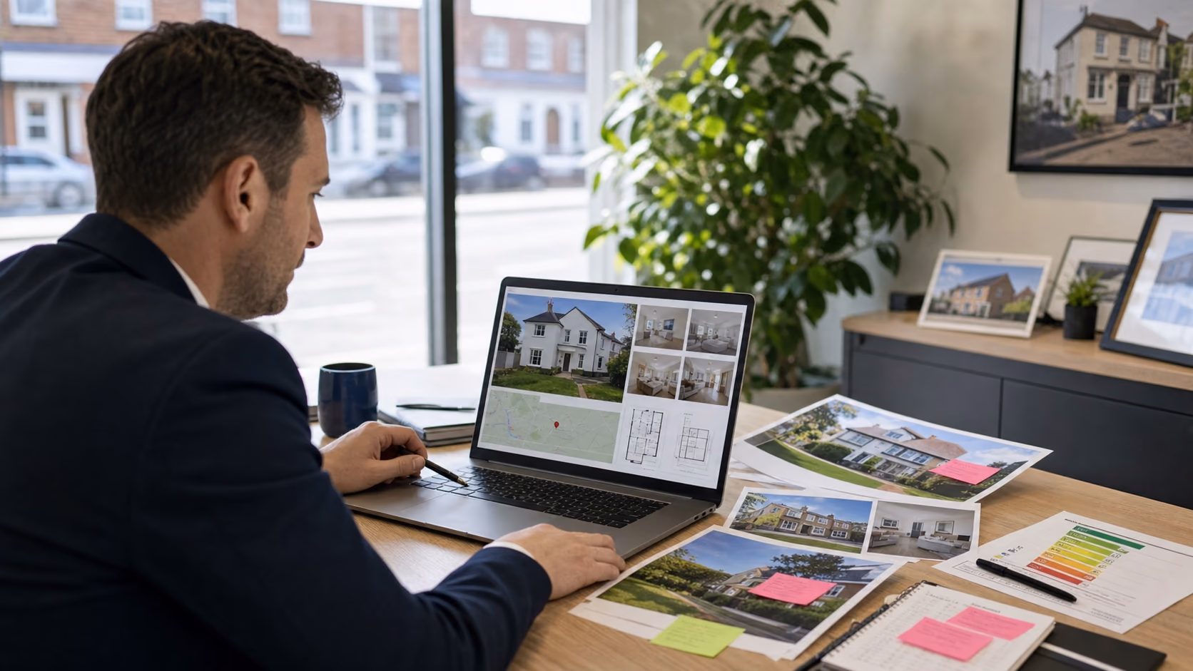 An Irish estate agent checking a property listing on a laptop beside printed BER details, marked property photos, and vendor approval notes