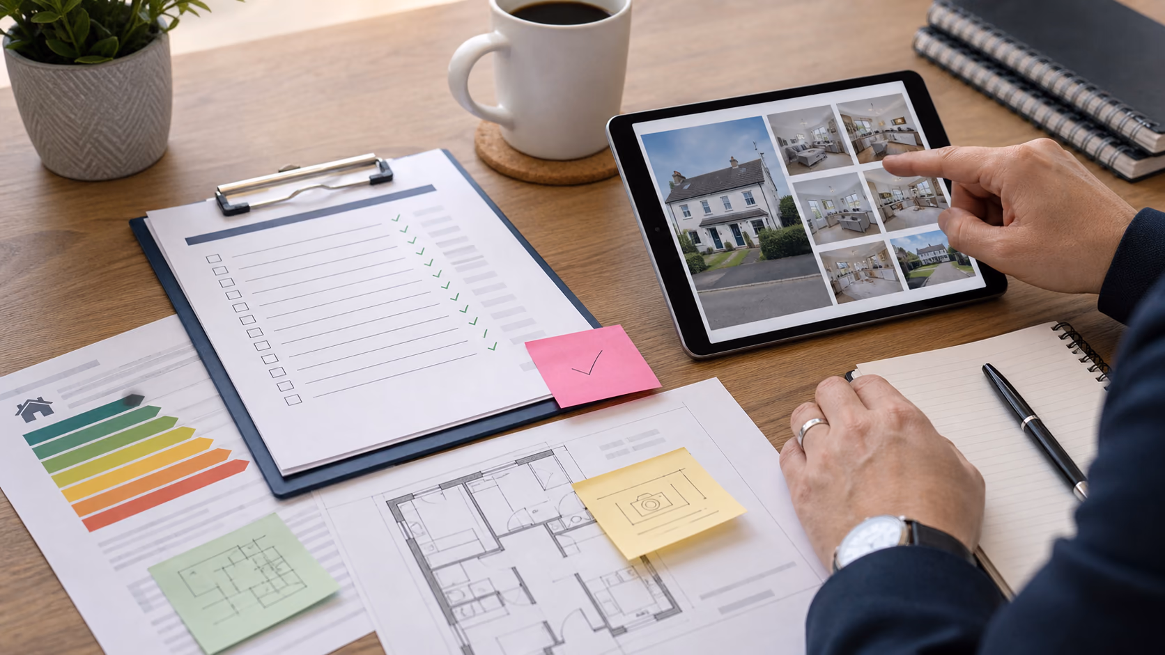 A close-up desk scene with an Irish property listing checklist, BER certificate notes, a floorplan, and a tablet showing property photos ready for review