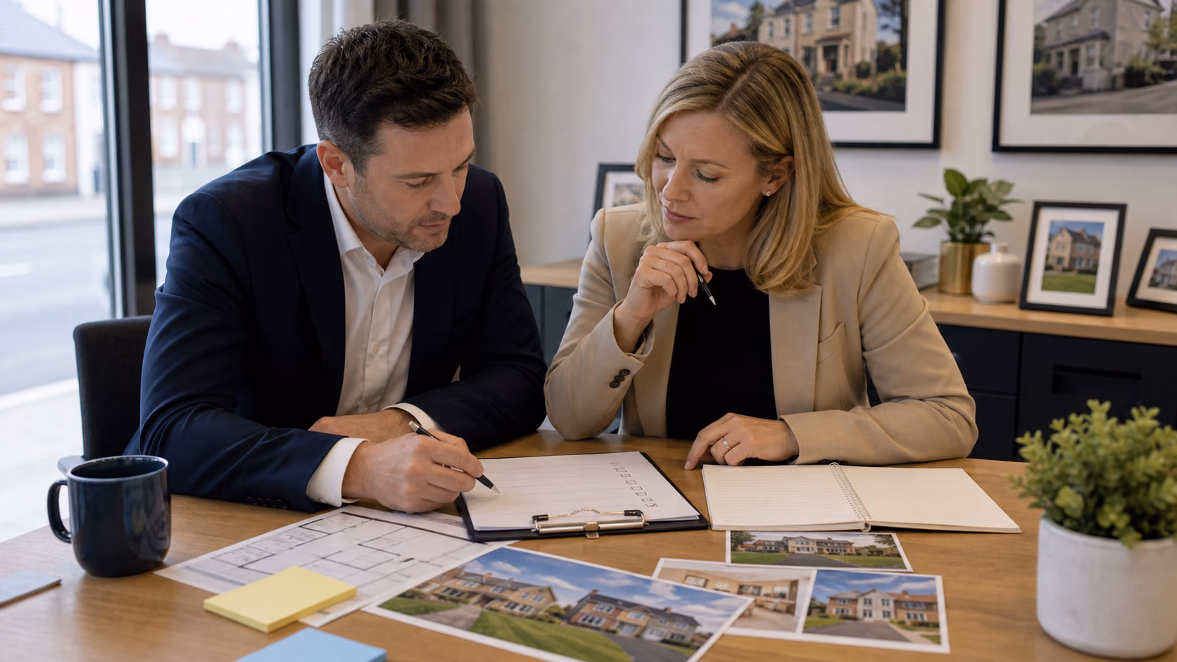 Two Irish agency colleagues reviewing a final property listing approval checklist before publishing, with property photos and viewing access notes on the desk