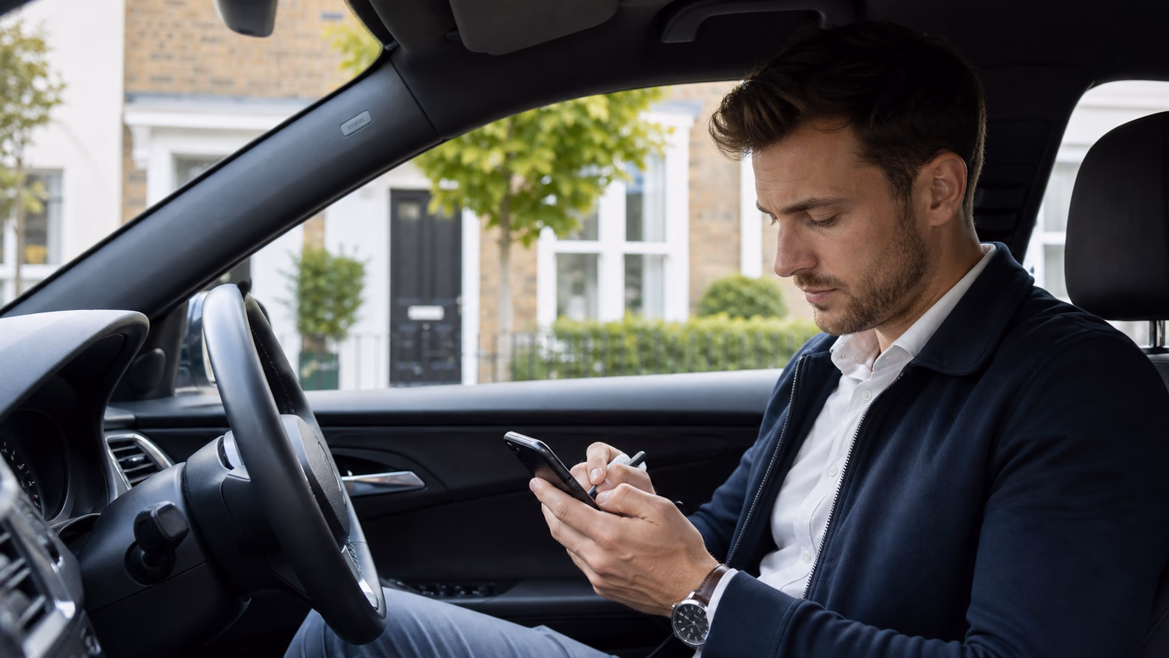 A new real estate agent sitting in a parked car after a property viewing, writing quick notes on a phone before the next appointment