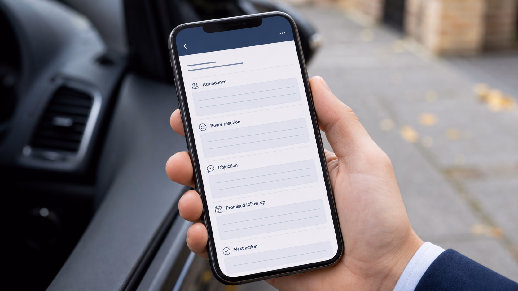 A close-up of a simple viewing note on a phone showing attendance, buyer reaction, objection, promised follow-up, and next action fields