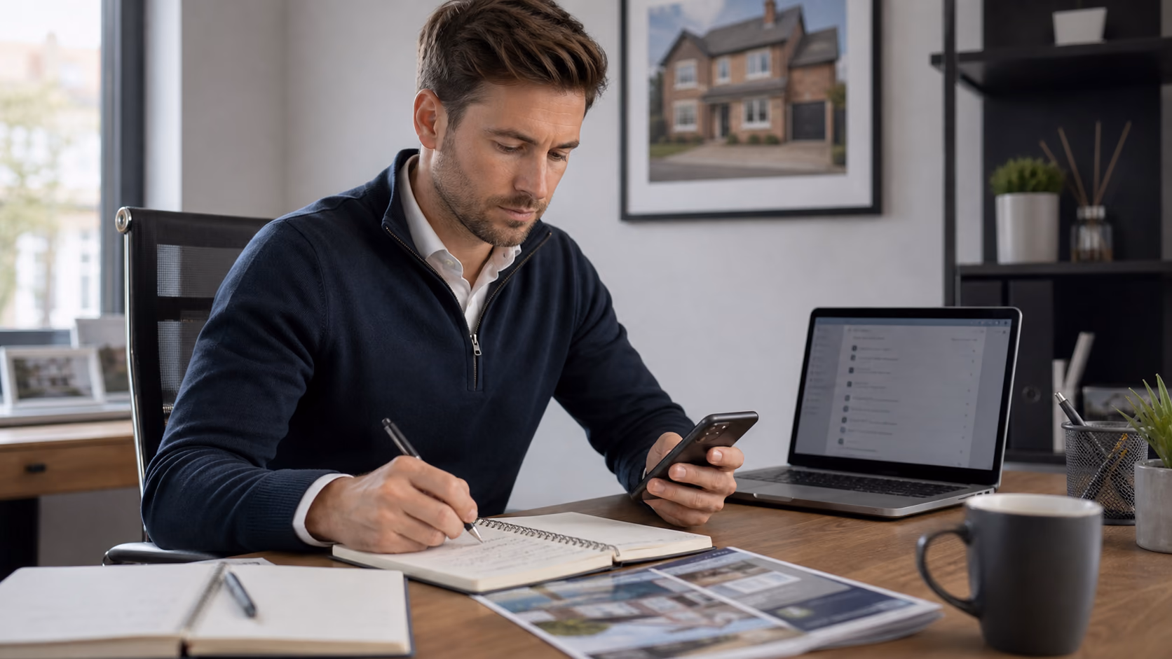 A real estate agent at a small office desk turning post-viewing notes into a buyer follow-up task and a seller update before the next appointment