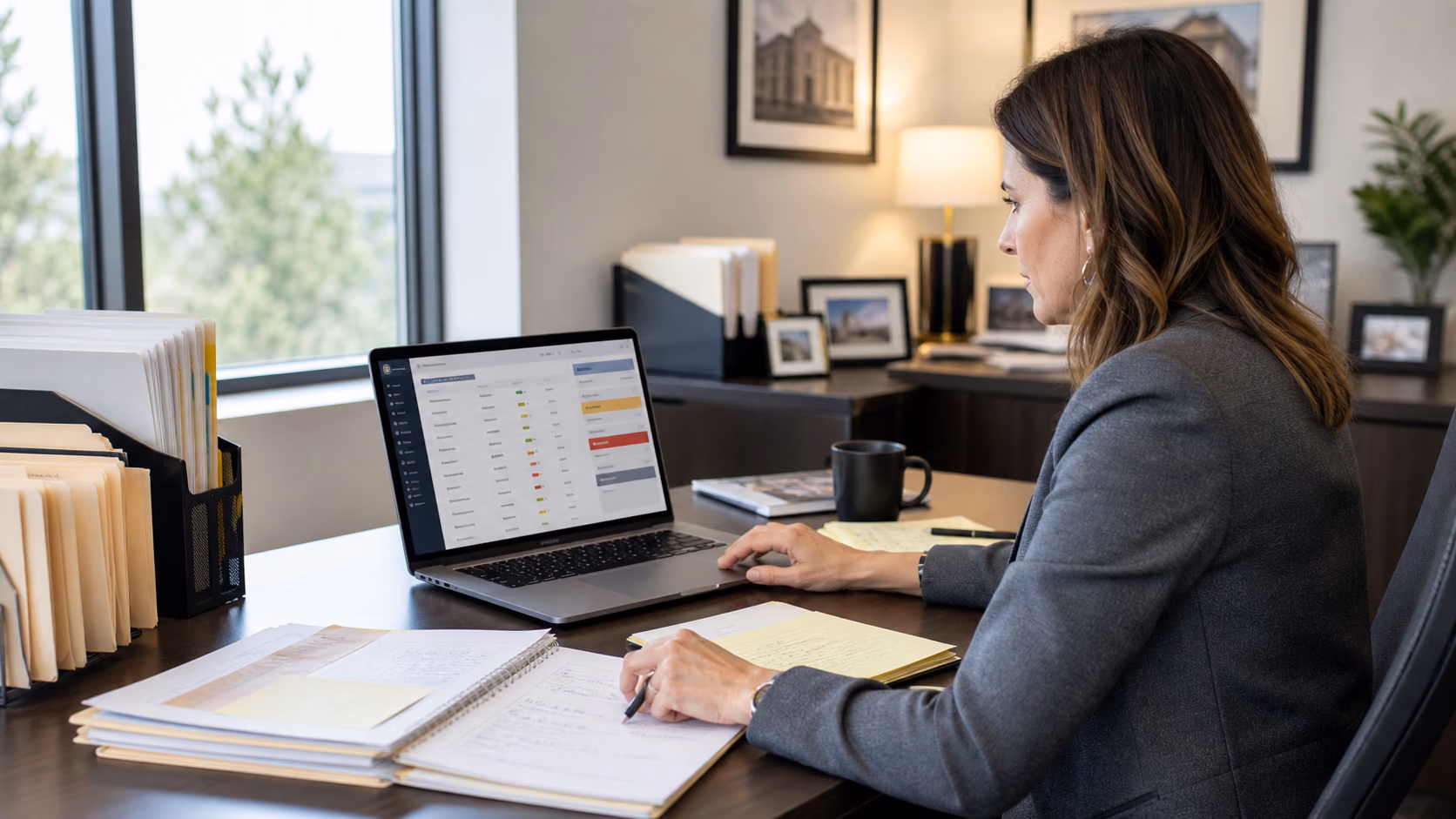 A brokerage manager reviewing recent transaction handoffs on a laptop with notes about owners, deadlines, missing documents, and exceptions on a desk beside them