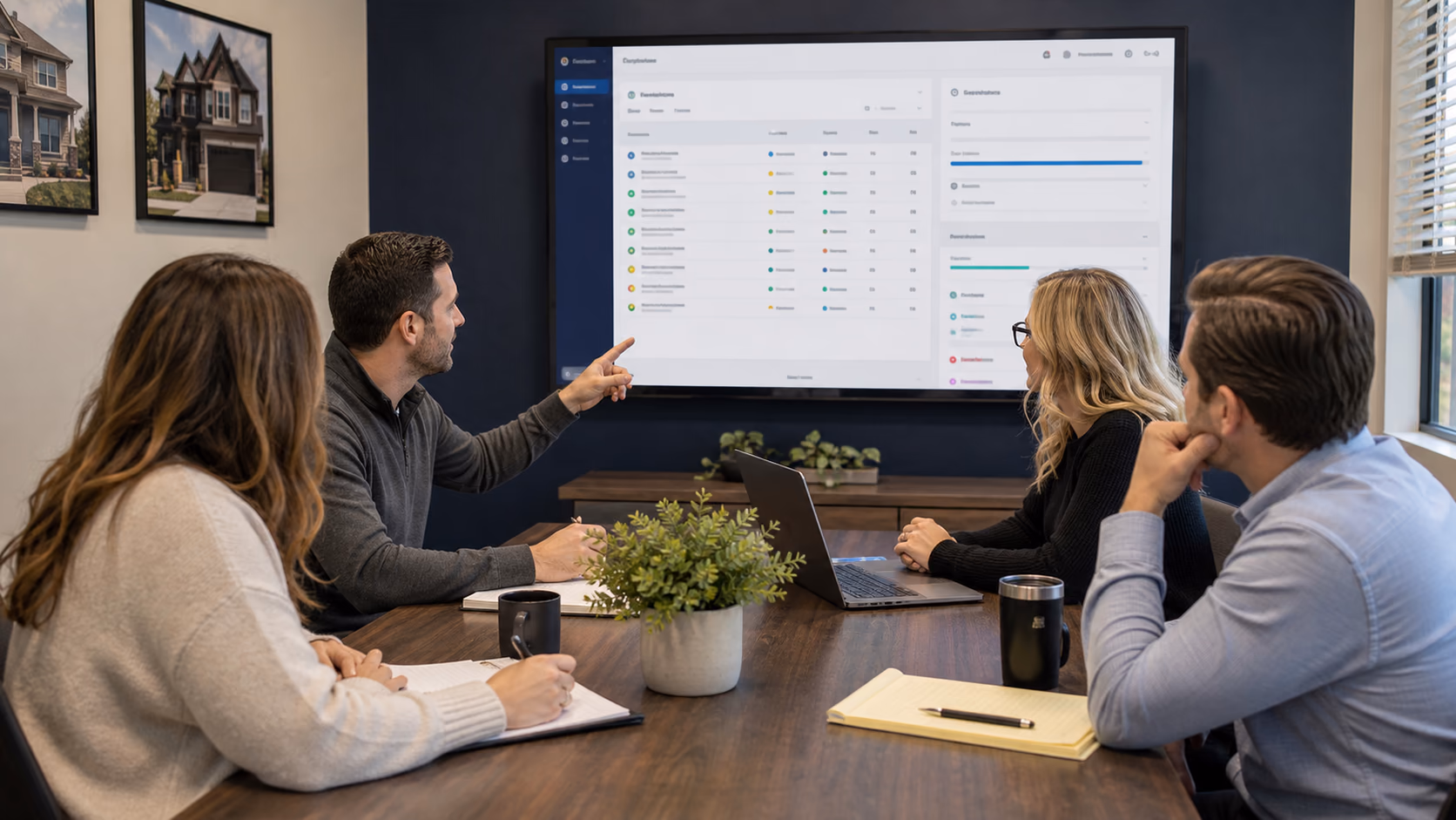 A real estate team in a small meeting reviewing transaction milestones, document status, and next actions on a shared screen before a closing deadline