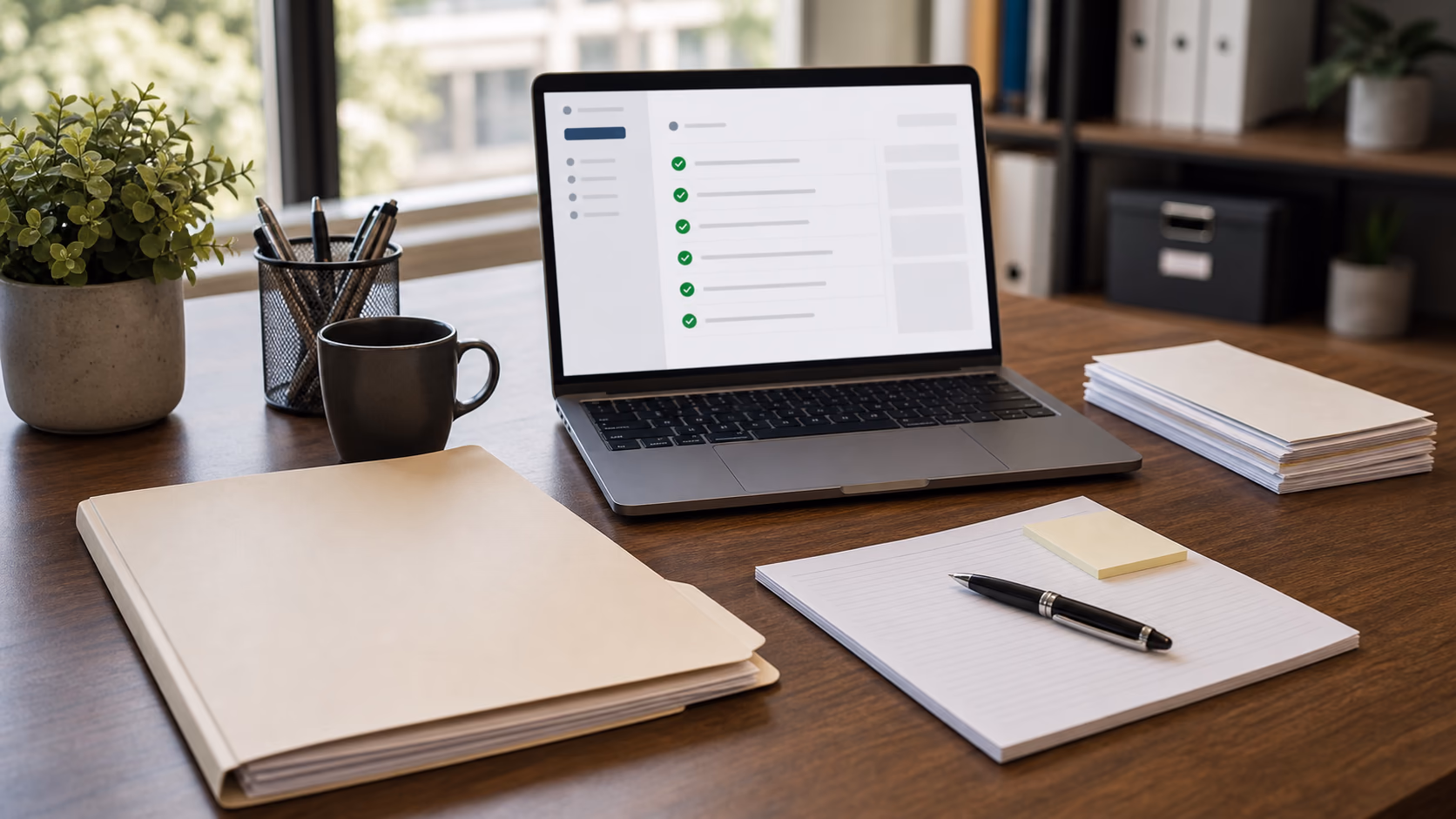A clean brokerage desk with a completed property transaction folder, a laptop showing checked milestone tasks, and a finance note ready for review