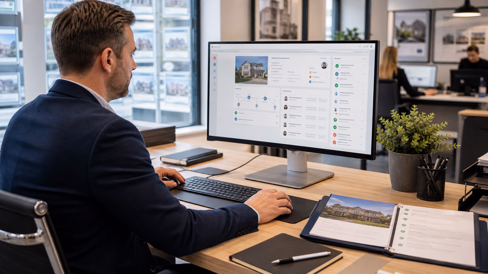 A branch manager checking a connected property record with sales notes, lettings documents, task owners, and role-based access controls on a desktop screen