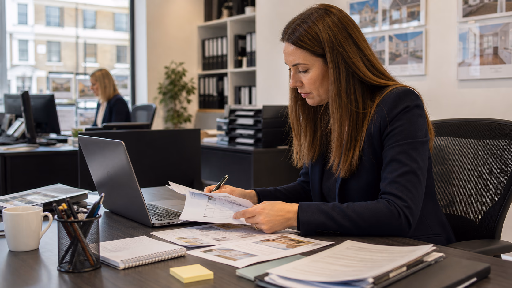A letting agent reviewing tenancy dates, repair notes, and landlord instructions across a desk with printed documents and a laptop in a busy UK agency office
