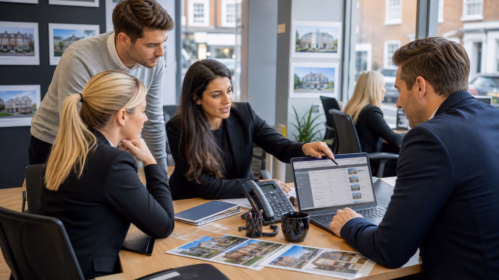 A UK estate agency branch team gathered around a desk assigning owners to price, status, and media changes before a property listing is sent to online portals