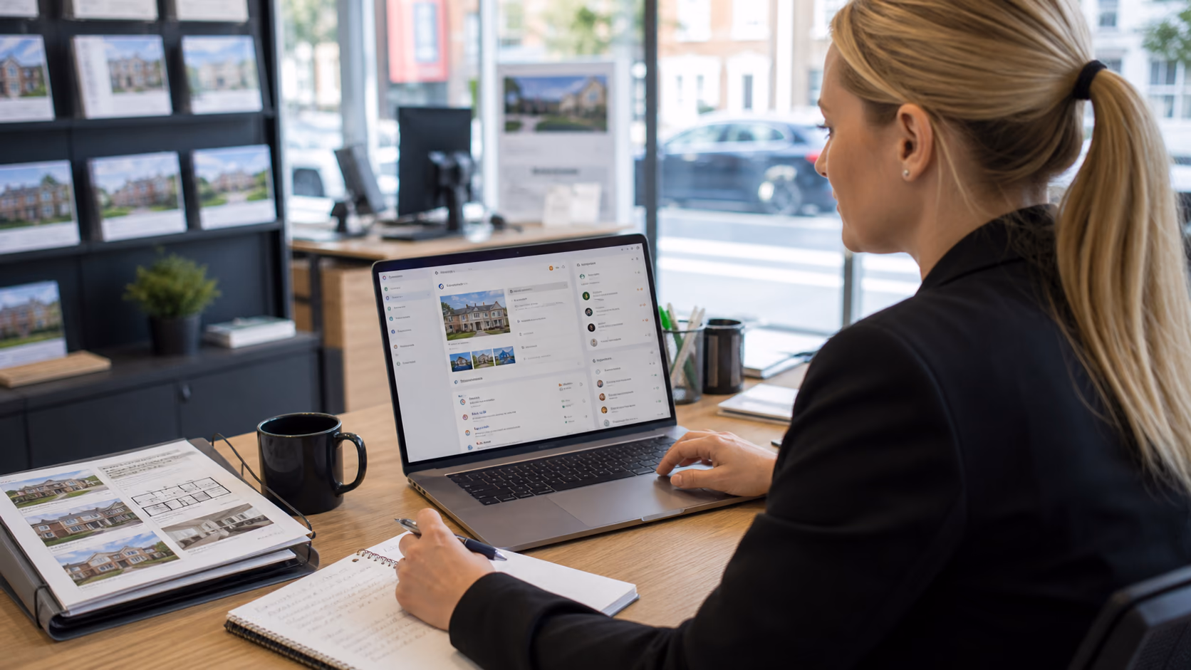 An estate agency administrator reviewing a held property listing update with approval notes, media files, and assigned follow-up tasks on a laptop