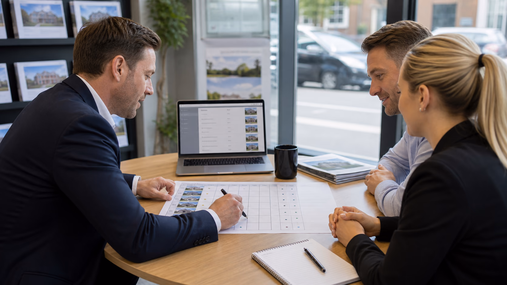 A branch manager marking a small table of recent property portal listing changes with request, approval, keying, hold, and verification owners