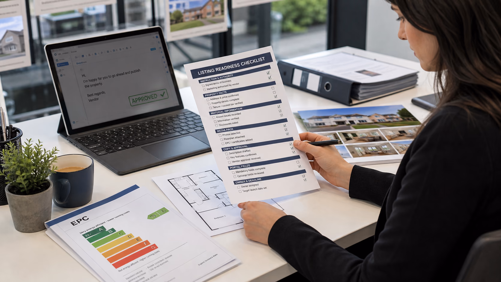 A property administrator checking a UK listing readiness checklist beside an EPC certificate, floorplan, photo thumbnails, and vendor approval email on a desk