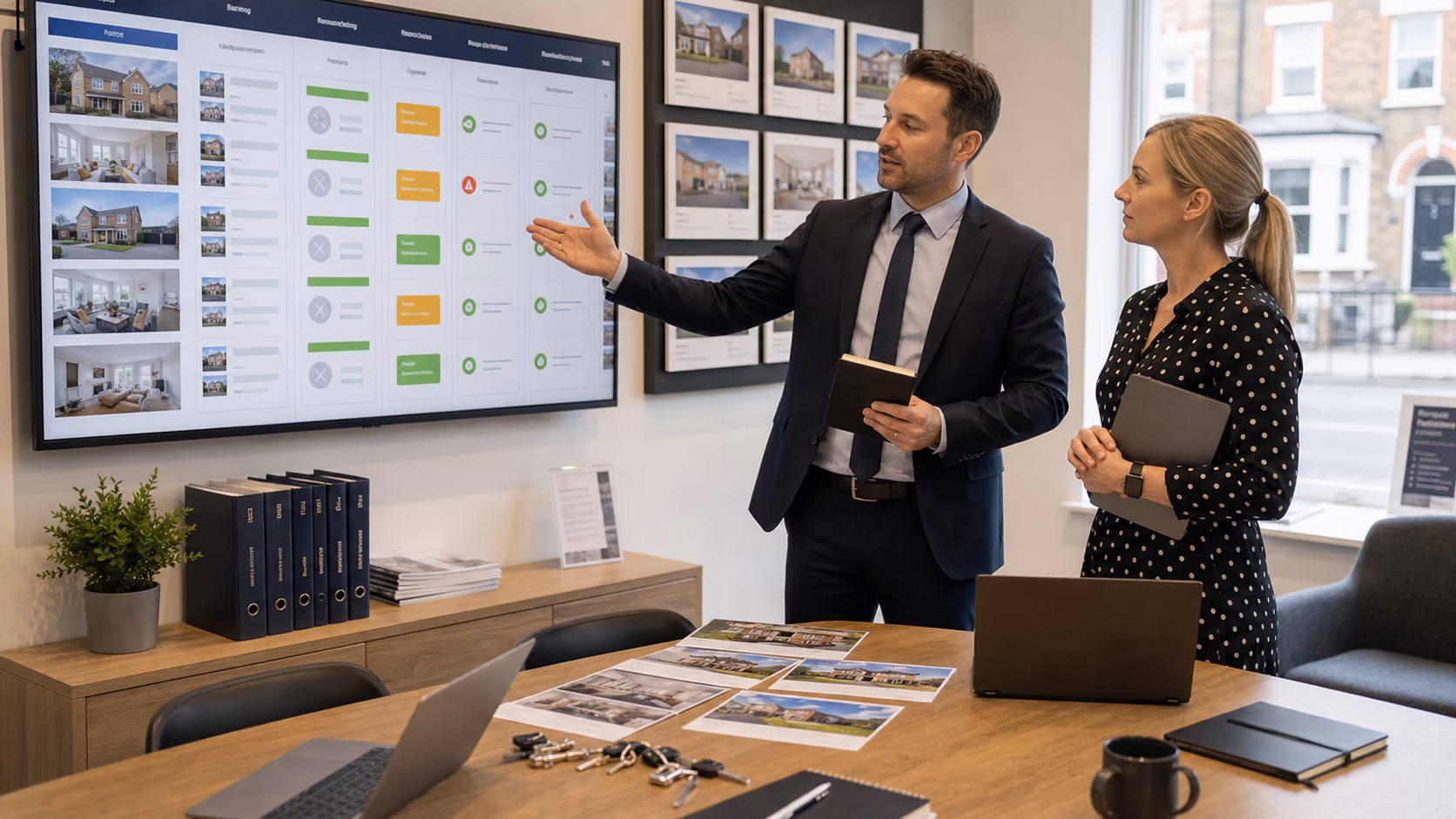 A branch manager and administrator standing beside a wall display of property launch statuses, with keys, printed particulars, and laptops arranged for a morning listings meeting