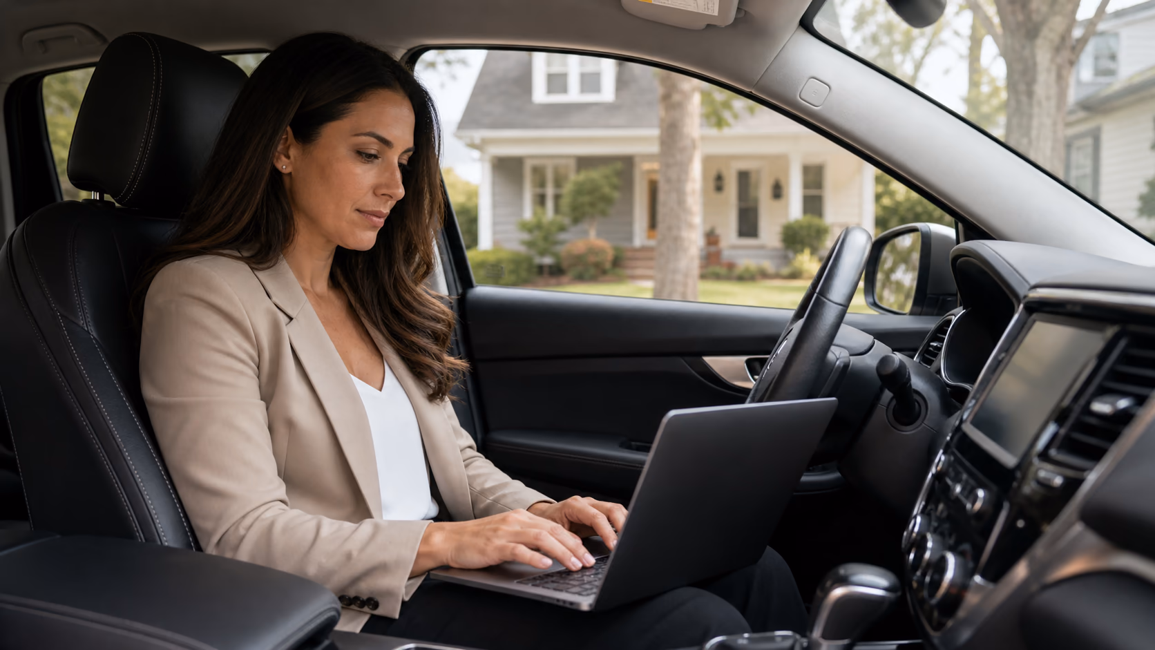 A real estate agent in a parked car entering notes from a new buyer enquiry into a laptop after a property showing