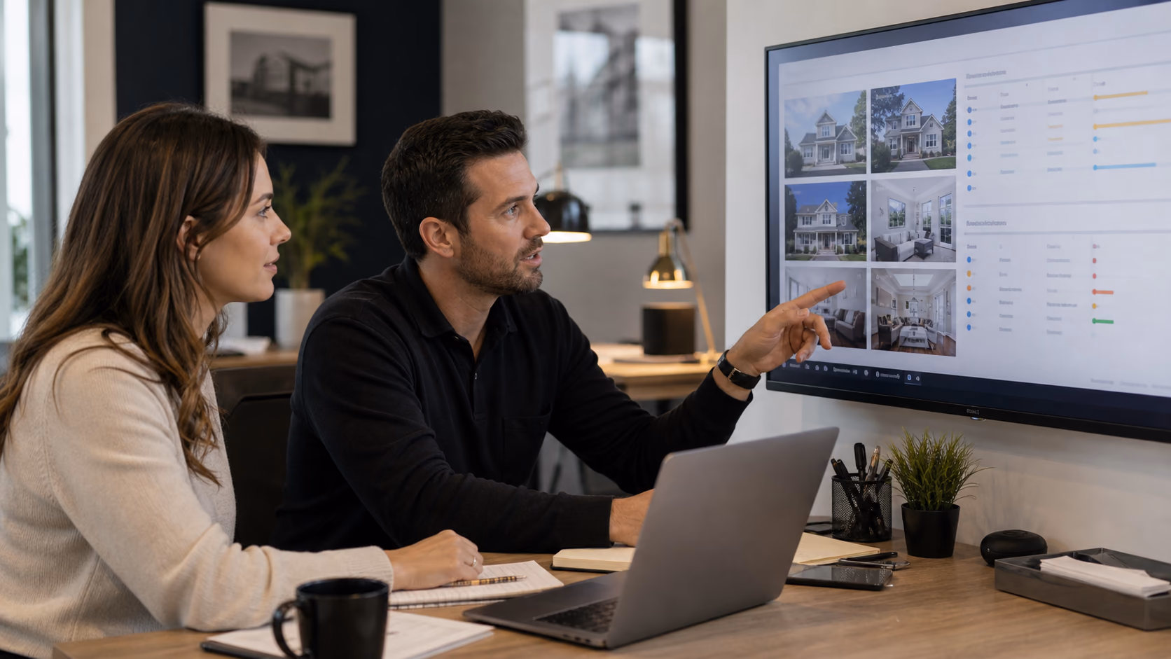 A buyer agent and colleague reviewing a shortlist of homes and follow-up tasks on a shared office screen after several property showings