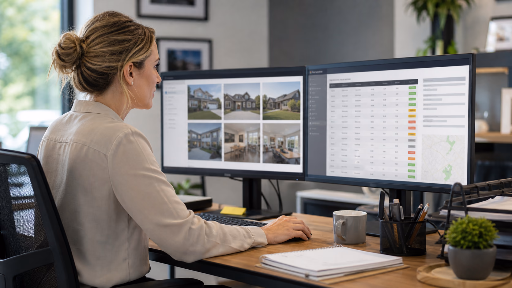 A brokerage administrator checking a delayed marketing release table beside property photos and MLS status notes before a listing launch