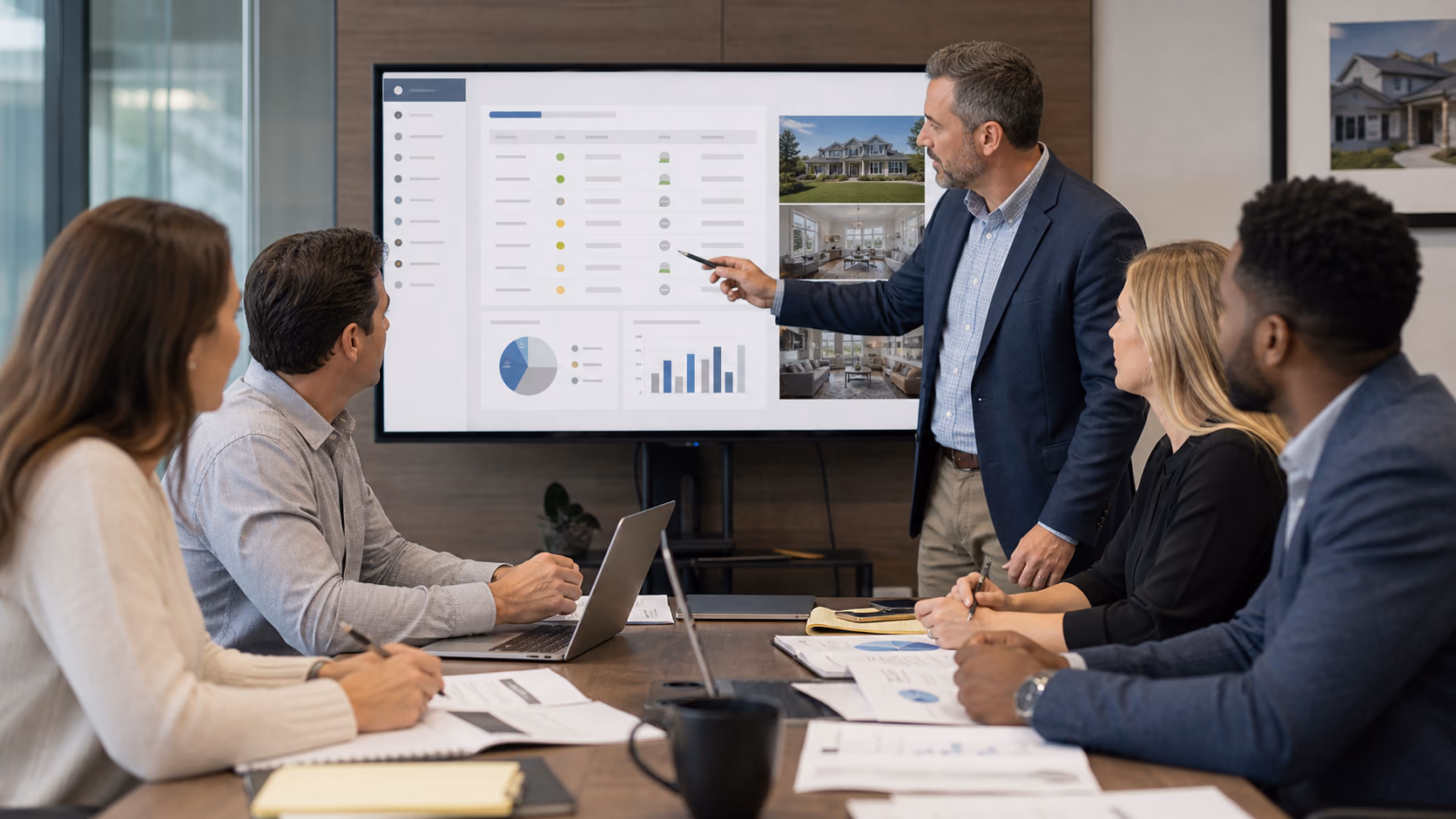 A US brokerage manager reviewing delayed listing hold records with release owners, seller instructions, and channel restrictions during a weekly meeting