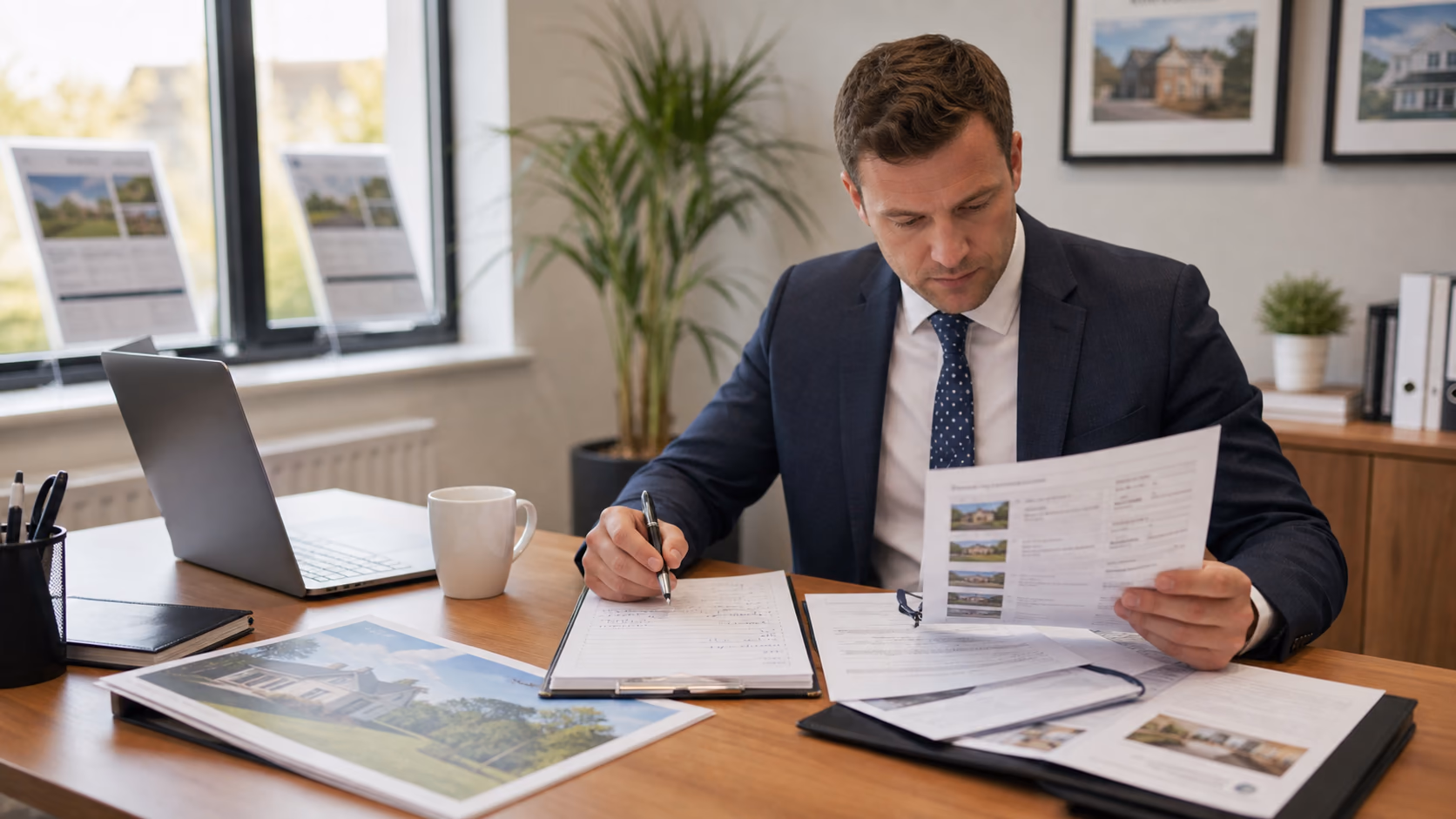 An estate agent preparing a vendor demand note with buyer records, recent viewing notes, and a new listing brochure on a desk